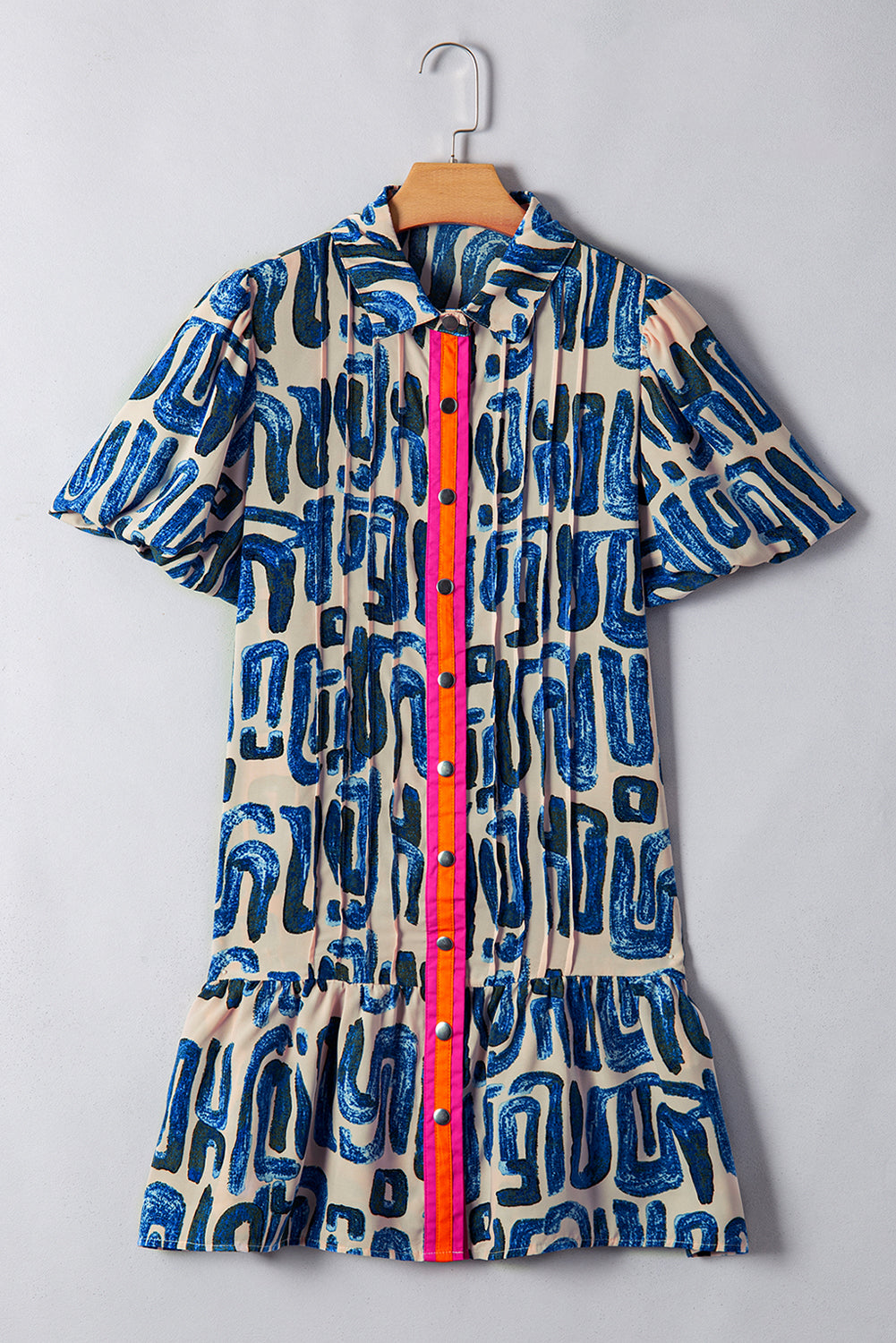 Beige Abstract Print Bubble Sleeve Button up Mini Dress Mini Dresses JT's Designer Fashion