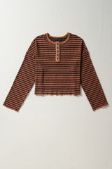 Brown Stripe Textured Frilly Trim Buttons Henley Long Sleeve Top Long Sleeve Tops JT's Designer Fashion