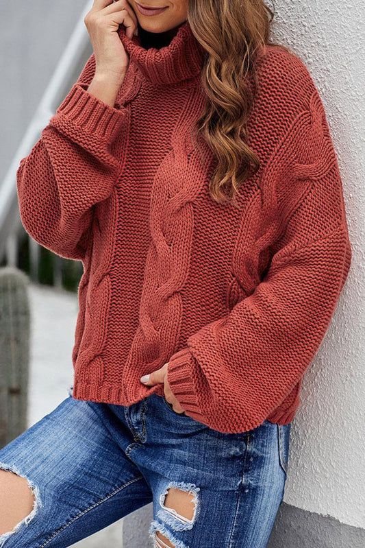 Fiery Red Cuddle Weather Cable Knit Handmade Turtleneck Sweater Red 60%Cotton+40%Acrylic Sweaters JT's Designer Fashion