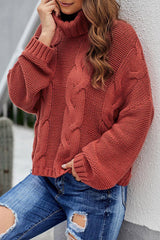 Fiery Red Cuddle Weather Cable Knit Handmade Turtleneck Sweater Red 60%Cotton+40%Acrylic Sweaters JT's Designer Fashion