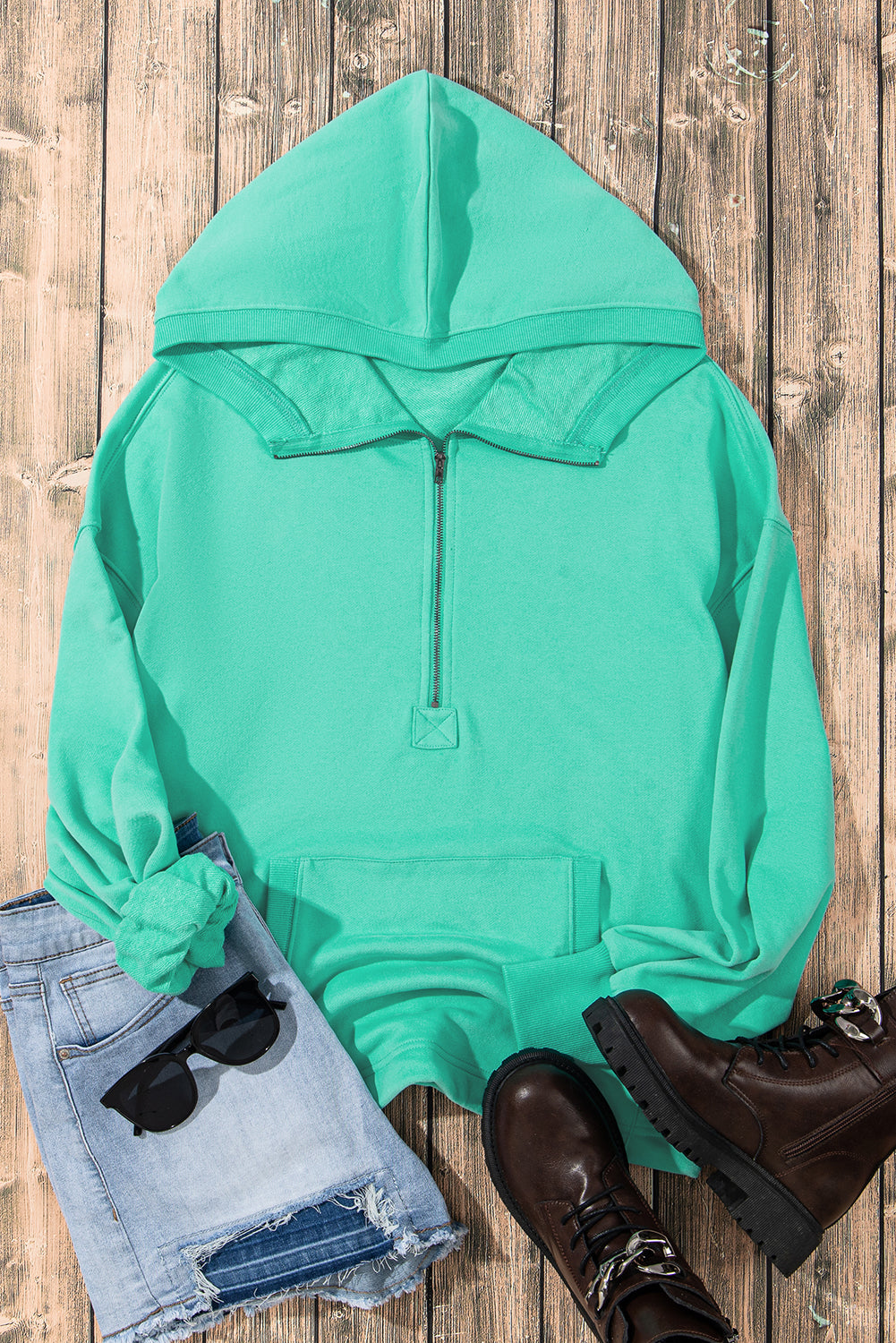Aruba Blue Solid Kangaroo Pocket Half Zipper Oversized Hoodie Sweatshirts & Hoodies JT's Designer Fashion