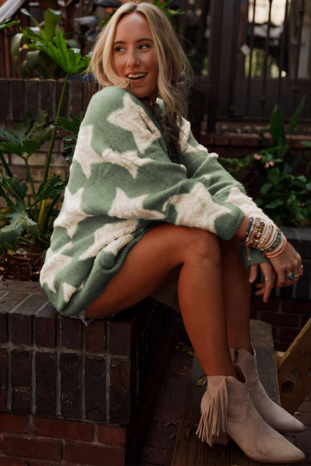 Green Sherpa Star Pattern Textured Sweater Cardigan with Pockets Cardigans JT's Designer Fashion