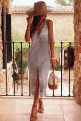 White Stripe Sleeveless Button Front Midi Dress Dresses JT's Designer Fashion