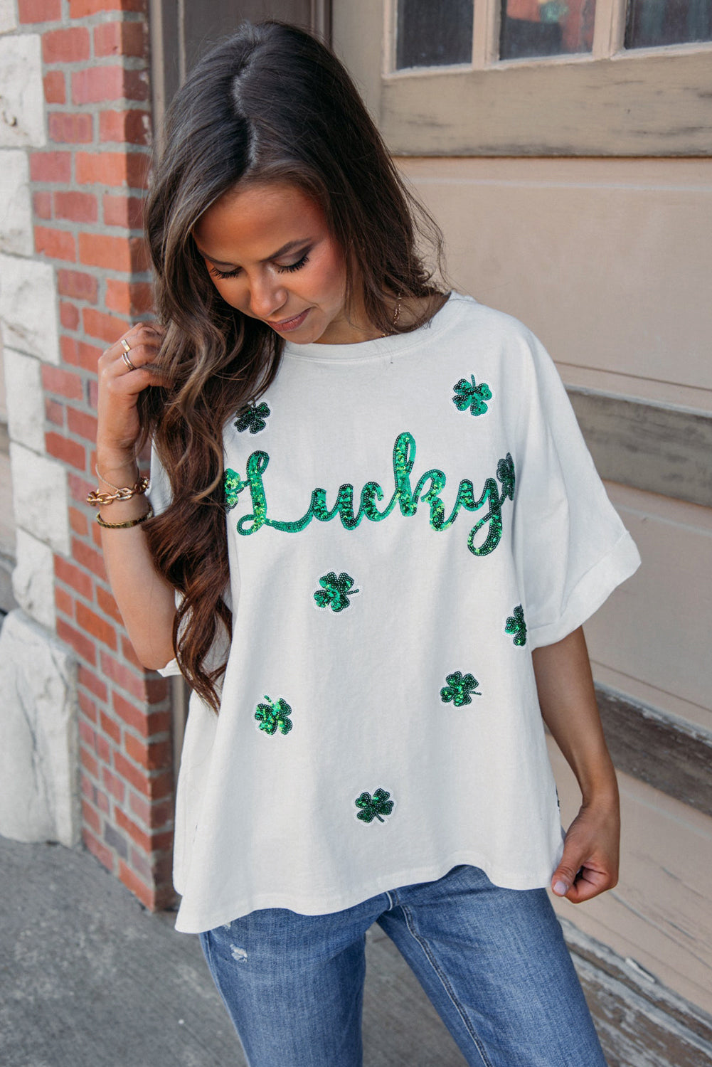 White St Patrick Lucky Clover Sequin Graphic T Shirt Graphic Tees JT's Designer Fashion