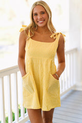 Yellow Stripe Shoulder Tie Smocked Back Wide Leg Casual Romper Jumpsuits & Rompers JT's Designer Fashion