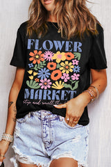 Black FLOWER MARKET Cotton Blend T Shirt Graphic Tees JT's Designer Fashion