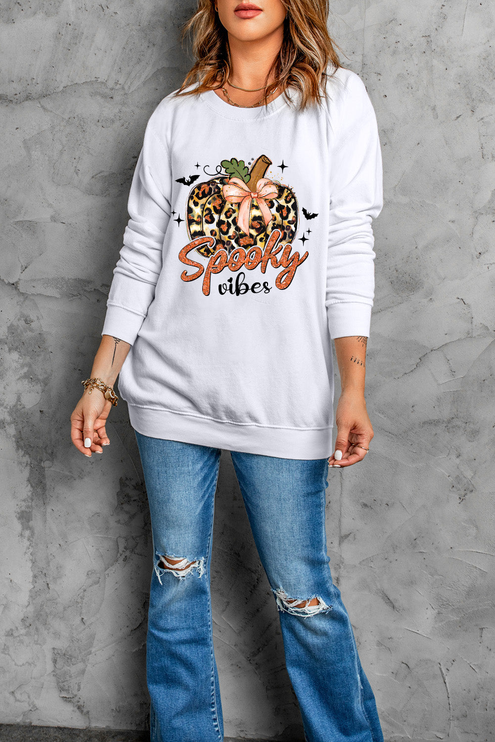 Beige Spooky Leopard Pumpkin Print Crew Neck Sweatshirt Graphic Sweatshirts JT's Designer Fashion