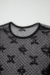 Black Bow Pattern Accent Mesh Long Sleeve Top Long Sleeve Tops JT's Designer Fashion