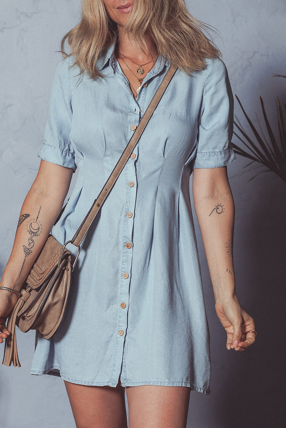 Myosotis Denim Pleated Slim Waist Short Sleeve Shirt Dress Dresses JT's Designer Fashion