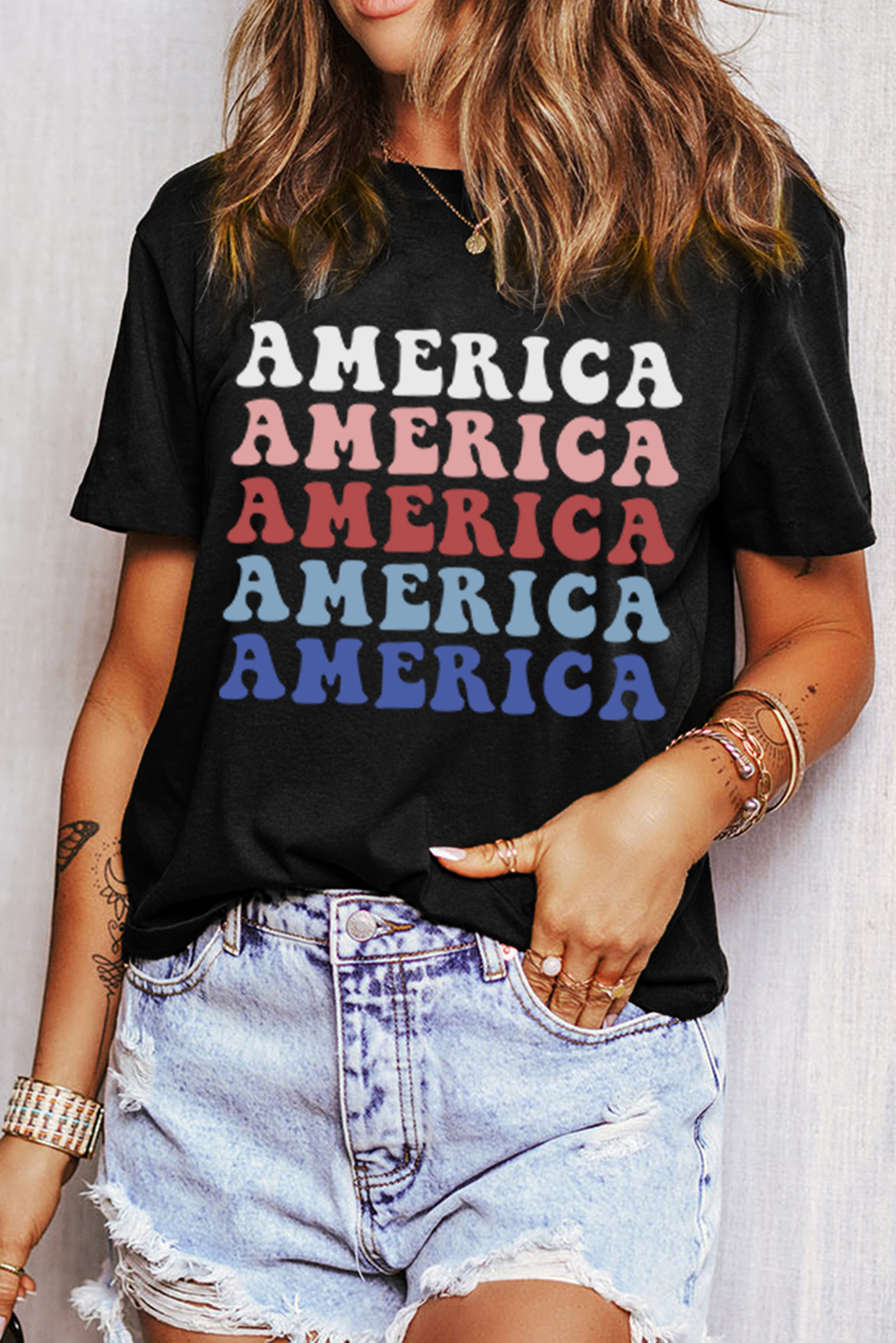 Black Colorful AMERICA Print Crewneck Patriotic T Shirt Graphic Tees JT's Designer Fashion