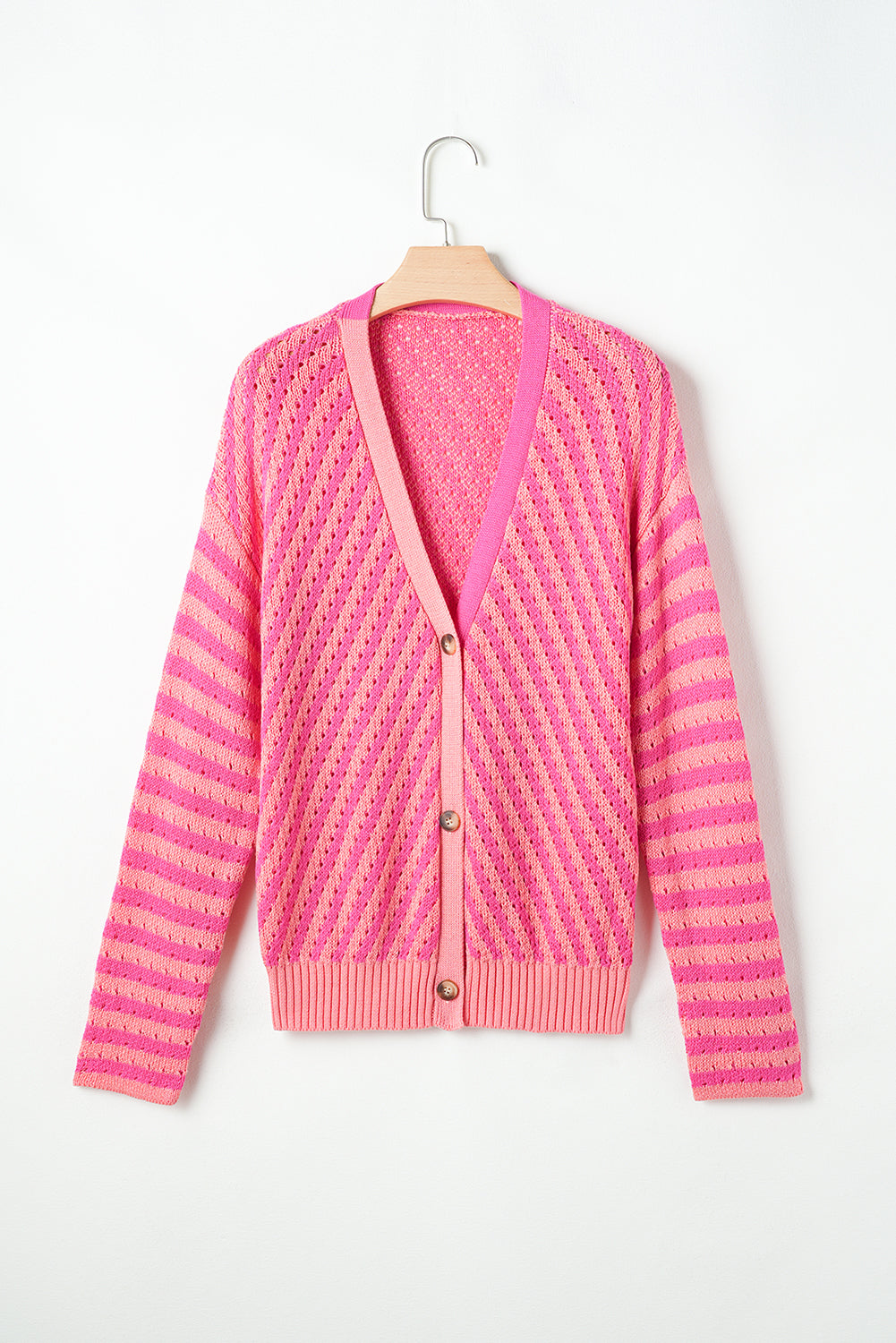 Pink Striped Buttoned V Neck Drop Shoulder Cardigan Cardigans JT's Designer Fashion