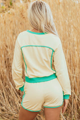 White Contrast Trim Colorblock Long Sleeve Pullover and Drawstring Shorts 2pcs Outfit Short Sets JT's Designer Fashion