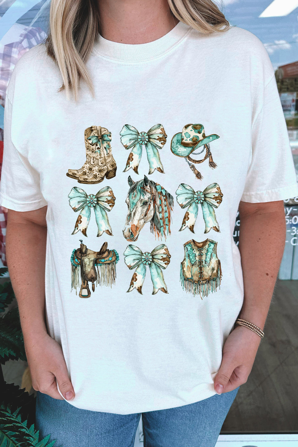 White Horse Bowknot Cowgirl Fashion Print Crewneck Tee Graphic Tees JT's Designer Fashion