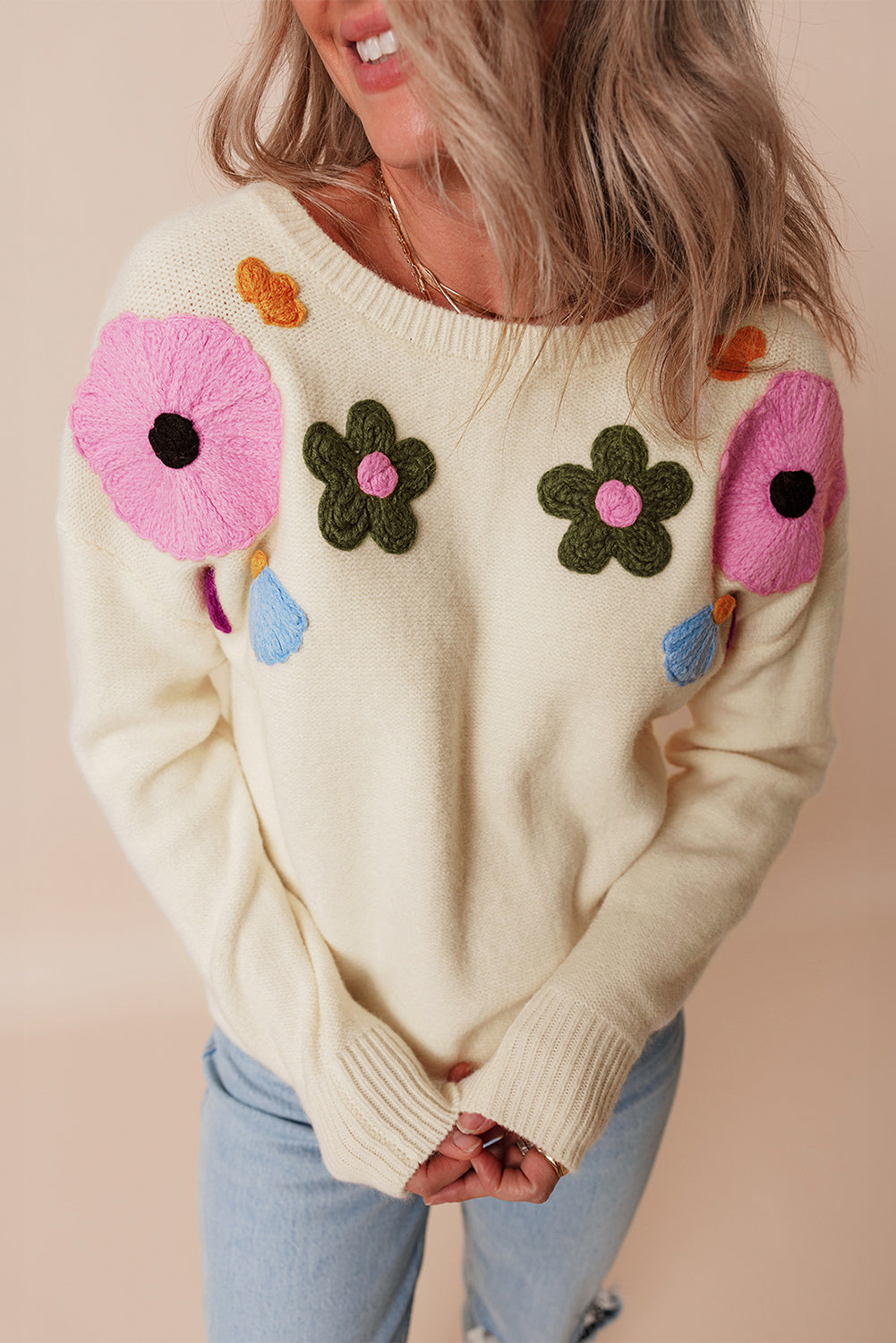 Beige Knitted Flower Pattern Ribbed Edge Sweater Sweaters JT's Designer Fashion