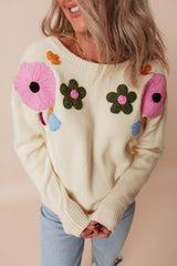 Beige Knitted Flower Pattern Ribbed Edge Sweater Sweaters JT's Designer Fashion
