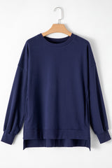 Navy Blue Solid O Neck High Low Hem Pullover Sweatshirt Sweatshirts & Hoodies JT's Designer Fashion