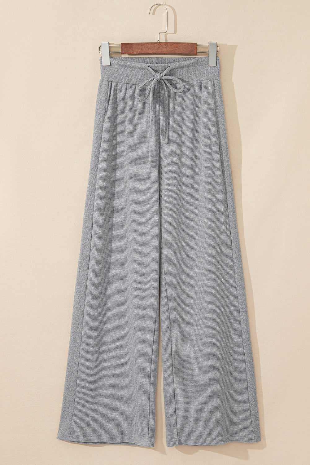 Gray Waffle Knit Drawstring High Waist Wide Leg Pants Pants & Culotte JT's Designer Fashion