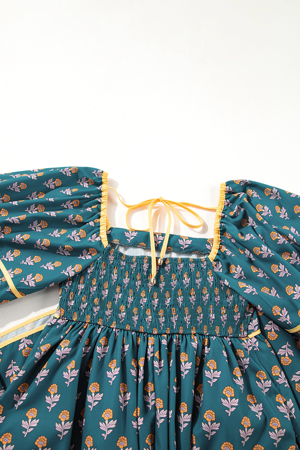 Skobeloff Floral Contrast Trim Square Neck Puff Sleeve Dress Floral Dresses JT's Designer Fashion