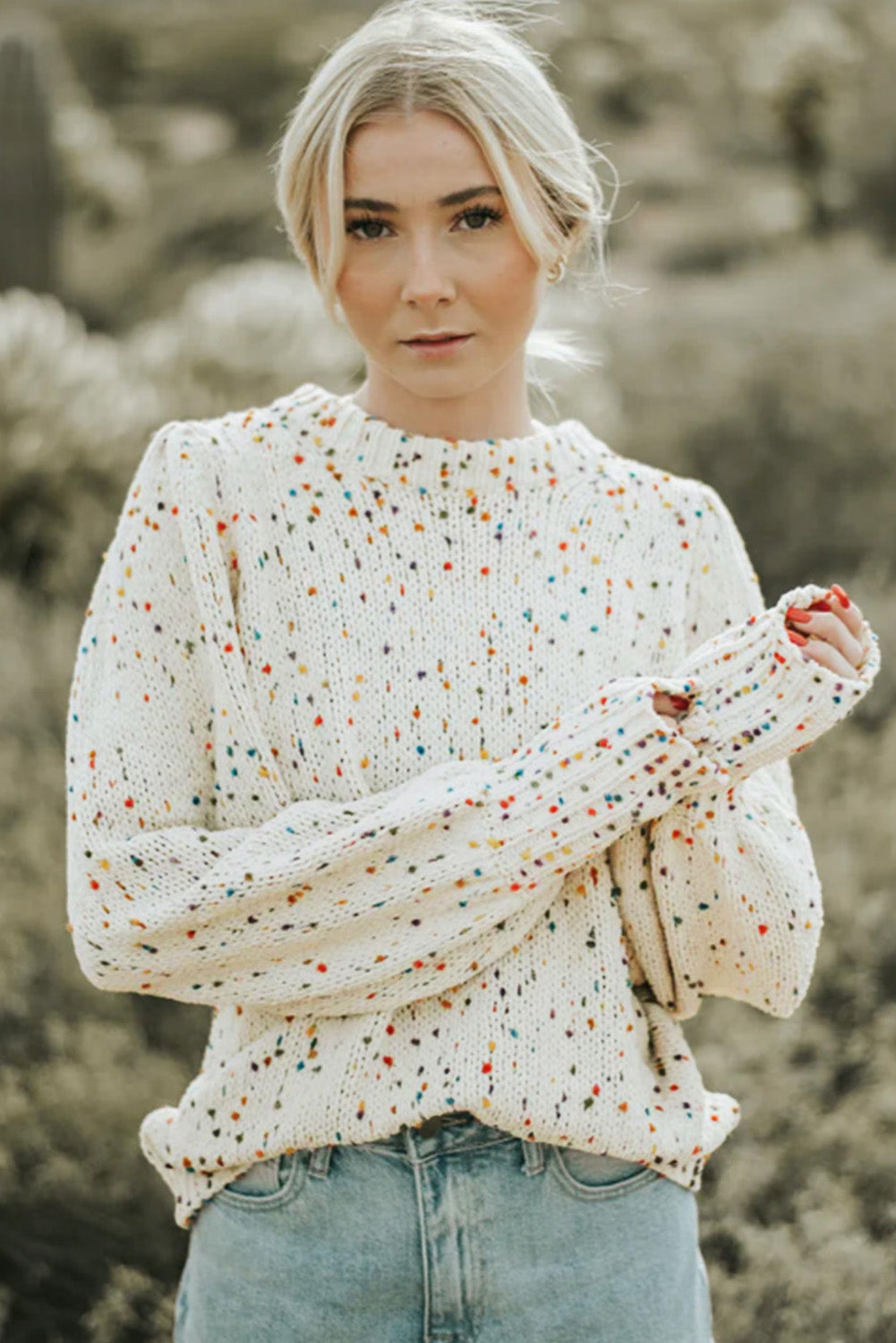 Beige Colorful Confetti Dots Cable Knit Crew Neck Sweater Sweaters JT's Designer Fashion