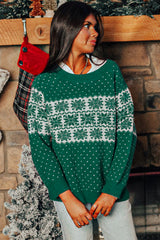 Green Christmas Snowflake Dotted Print Round Neck Sweater Sweaters JT's Designer Fashion