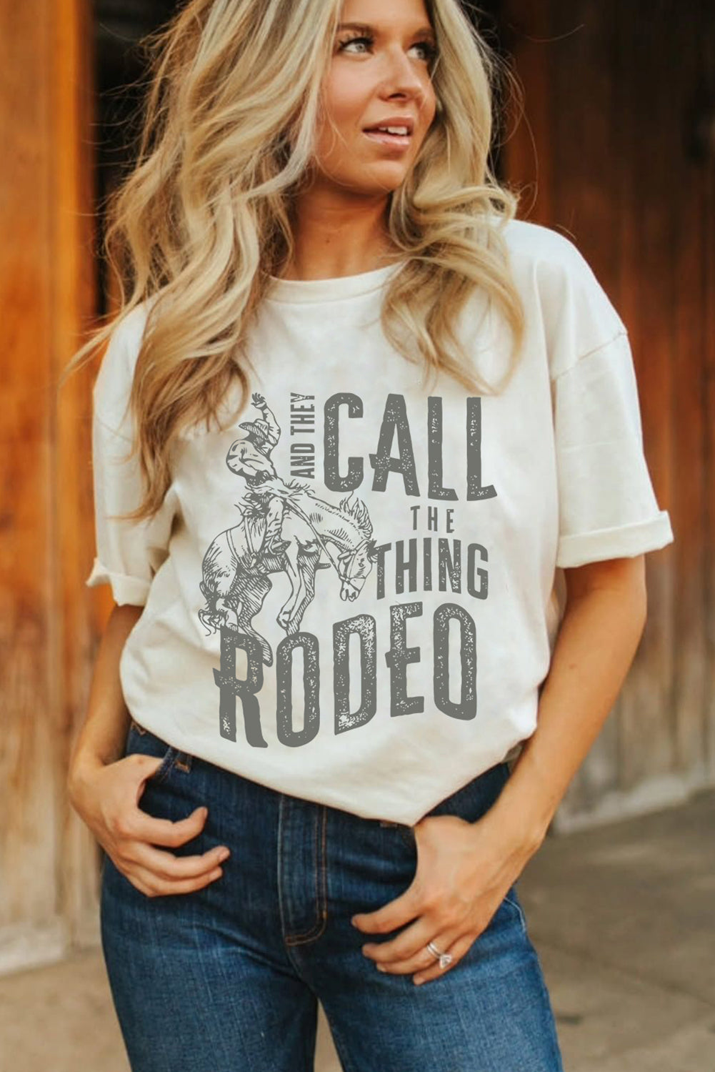 White AND THEY CALL THE THING RODEO Print Round Neck T Shirt Graphic Tees JT's Designer Fashion
