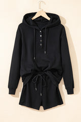 Black Button Drawstring Hooded Pullover and Casual Short Set Short Sets JT's Designer Fashion