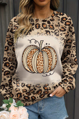 Brown Bleached Halloween Pumpkin Leopard Print Sweatshirt Brown 95%Polyester+5%Elastane Graphic Sweatshirts JT's Designer Fashion