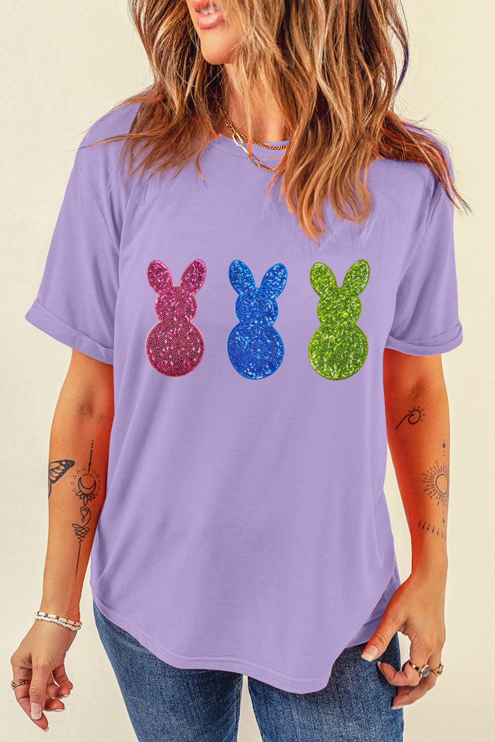 Wisteria Easter Shiny Bunny Graphic Crewneck T Shirt Graphic Tees JT's Designer Fashion