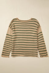 Khaki Stripe Drop Shoulder Casual Sweater Sweaters JT's Designer Fashion