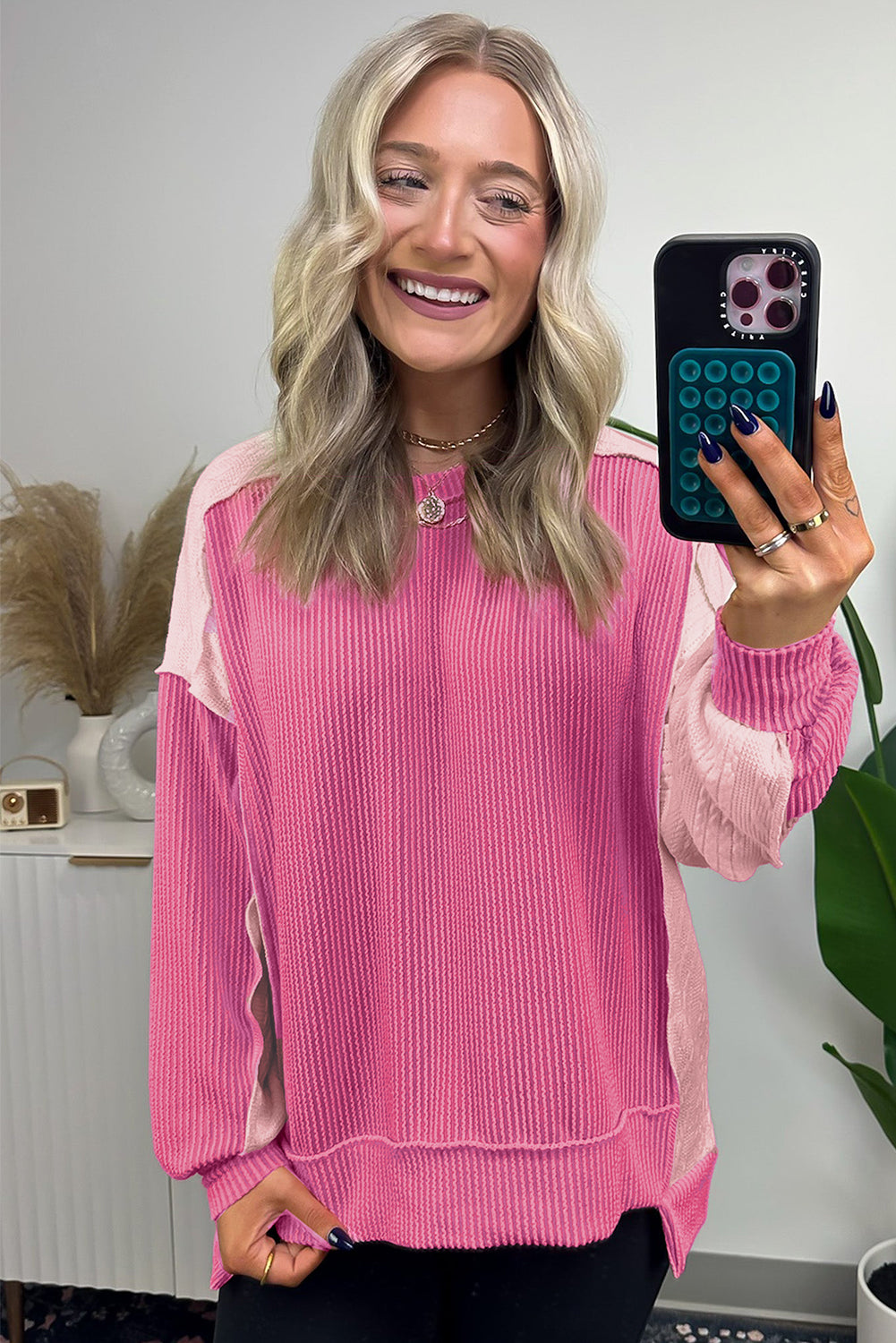 Bonbon Cable Knit Colorblock Exposed Seam Sweatshirt Sweatshirts & Hoodies JT's Designer Fashion