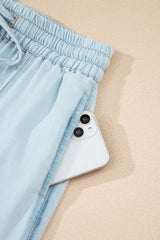 Beau Blue Light Wash Contrast Trim Center Seam Drawstring Elastic Waistband Wide Leg Denim Pants Jeans JT's Designer Fashion