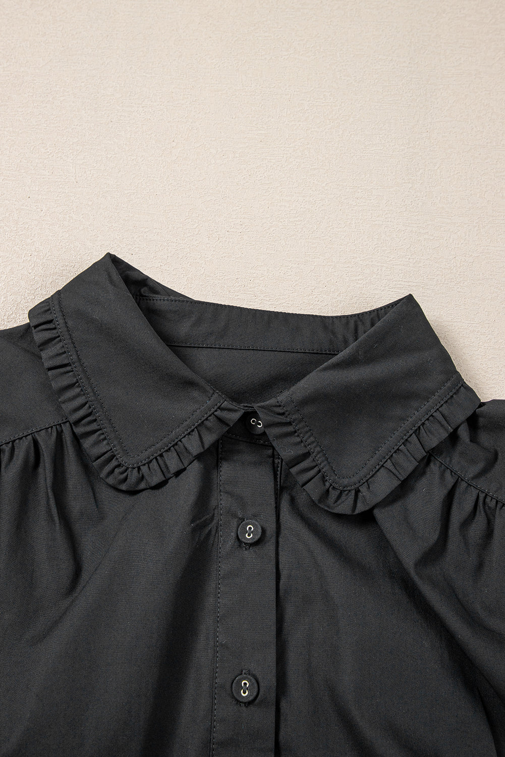 Black Shirt Style Button Down Puff Sleeve Ruffle Hem Dress Mini Dresses JT's Designer Fashion