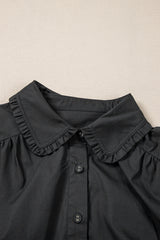 Black Shirt Style Button Down Puff Sleeve Ruffle Hem Dress Mini Dresses JT's Designer Fashion