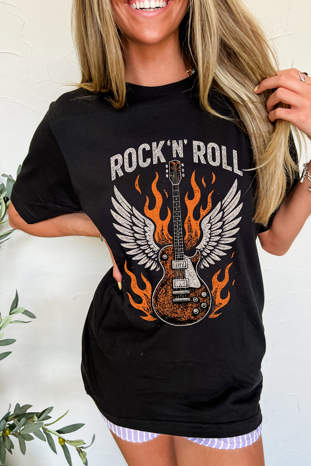 Black Guitar Wings Slogan Print Crew Neck T Shirt Graphic Tees JT's Designer Fashion