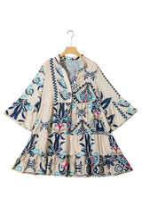 White Printed Tribal Bracelet Sleeve Buttoned Mini Dress Mini Dresses JT's Designer Fashion