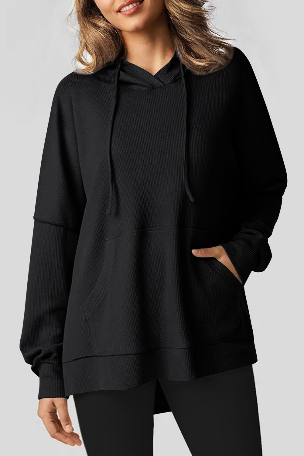 Black Waffle Knit Fleece Lined High Low Oversized Hoodie Sweatshirts & Hoodies JT's Designer Fashion