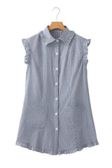 Blue Stripe Frilled Sleeveless Collar Front Pocket Button Up Mini Dress Mini Dresses JT's Designer Fashion