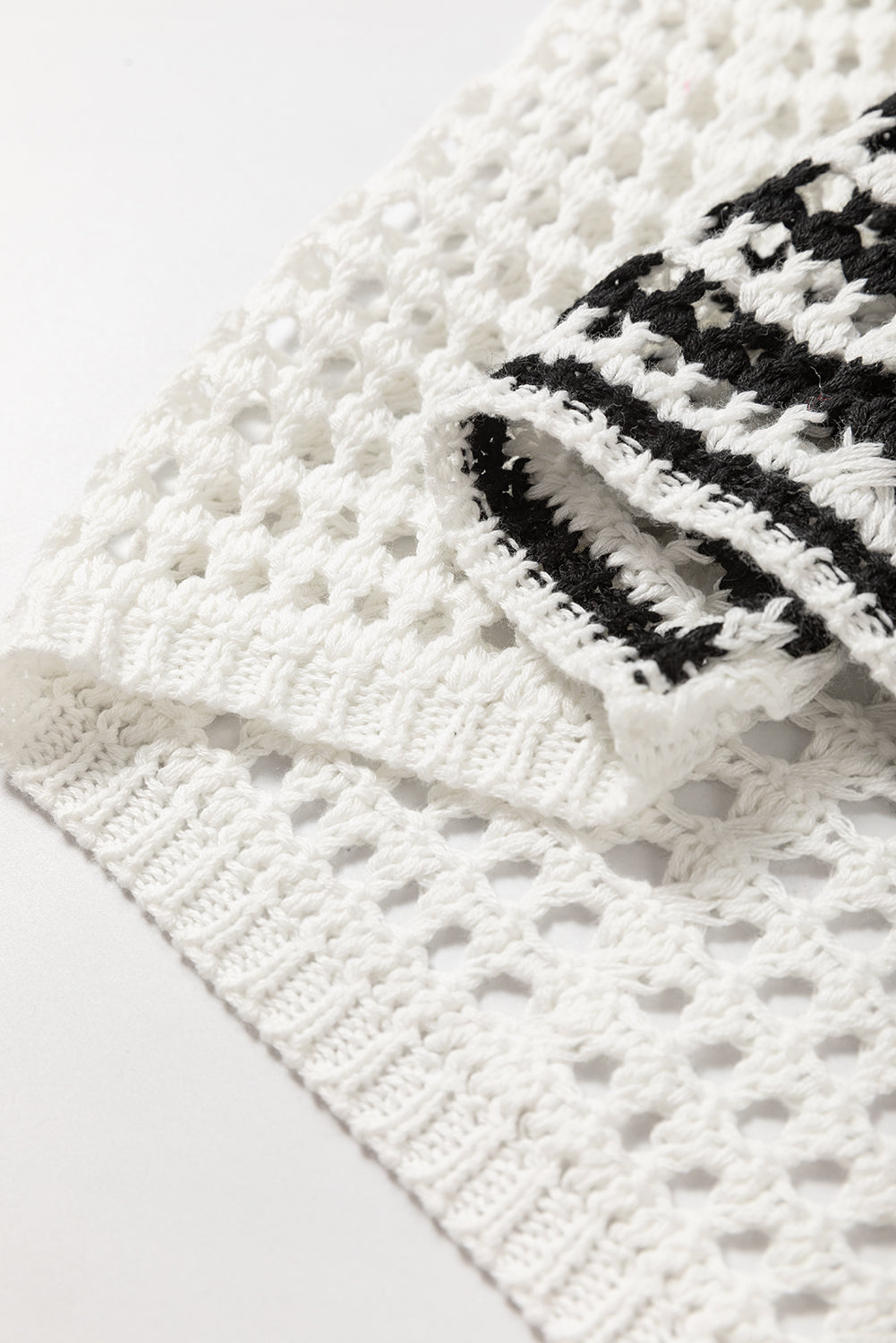 White Stripe Contrast Striped Crochet Puff Sleeve Sweater Sweaters JT's Designer Fashion