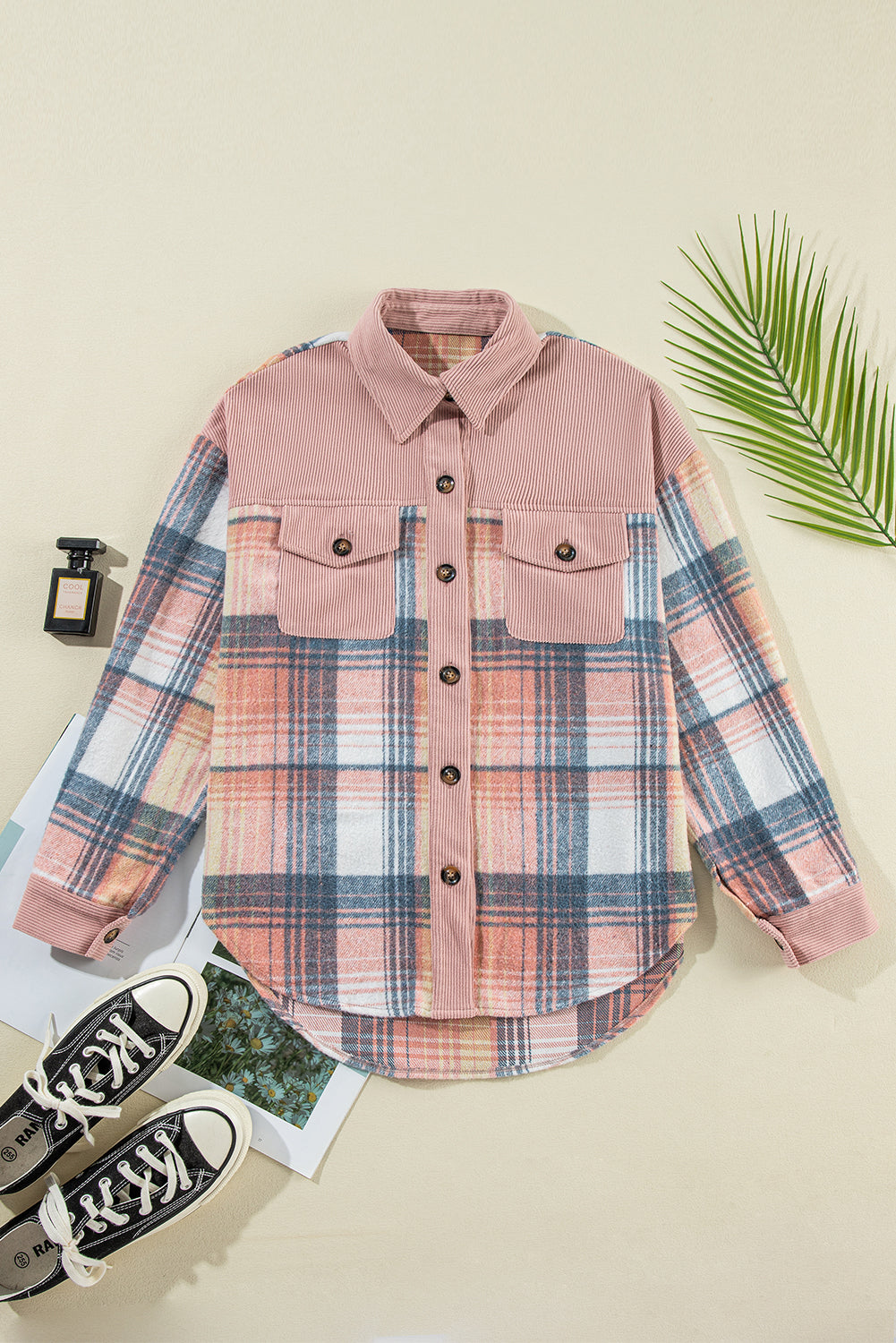 Light Pink Plaid Corduroy Patchwork Chest Pocket Shacket Plaid Shackets JT's Designer Fashion