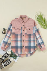 Light Pink Plaid Corduroy Patchwork Chest Pocket Shacket Plaid Shackets JT's Designer Fashion