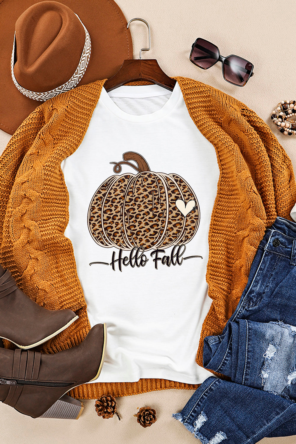 White Hello Fall Leopard Pumpkin Graphic T Shirt Graphic Tees JT's Designer Fashion