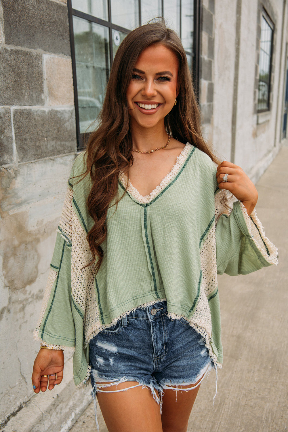 Grass Green Crochet Detail Exposed Seam High Low Loose Top Long Sleeve Tops JT's Designer Fashion