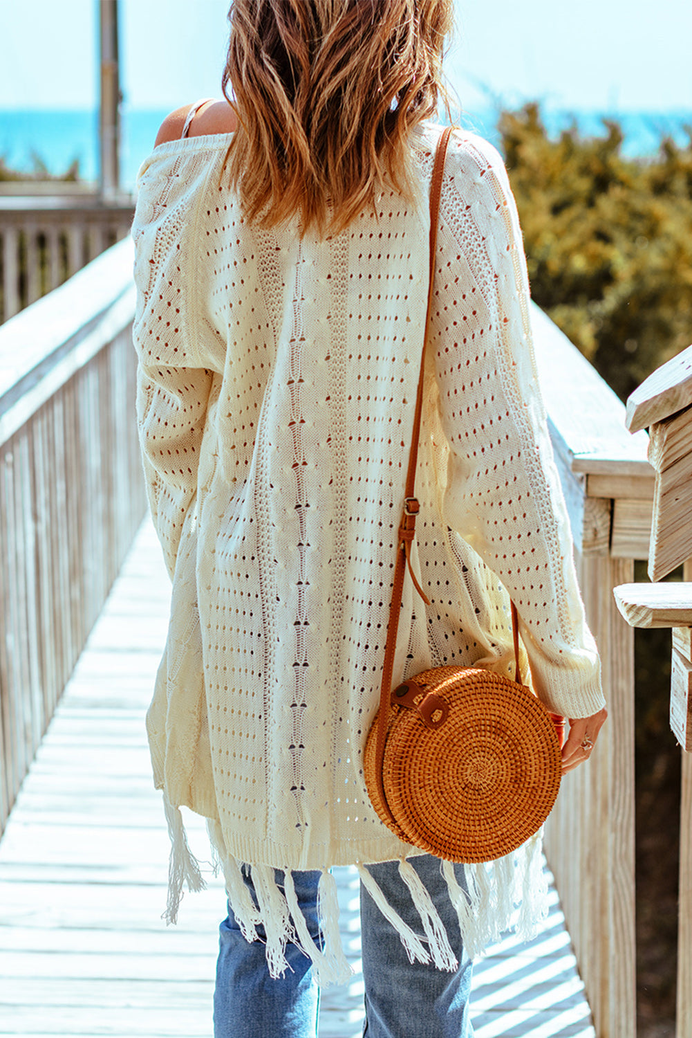 Beige Tasseled Hollow-out Cable Knit Cardigan Sweaters & Cardigans JT's Designer Fashion