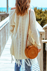 Beige Tasseled Hollow-out Cable Knit Cardigan Sweaters & Cardigans JT's Designer Fashion