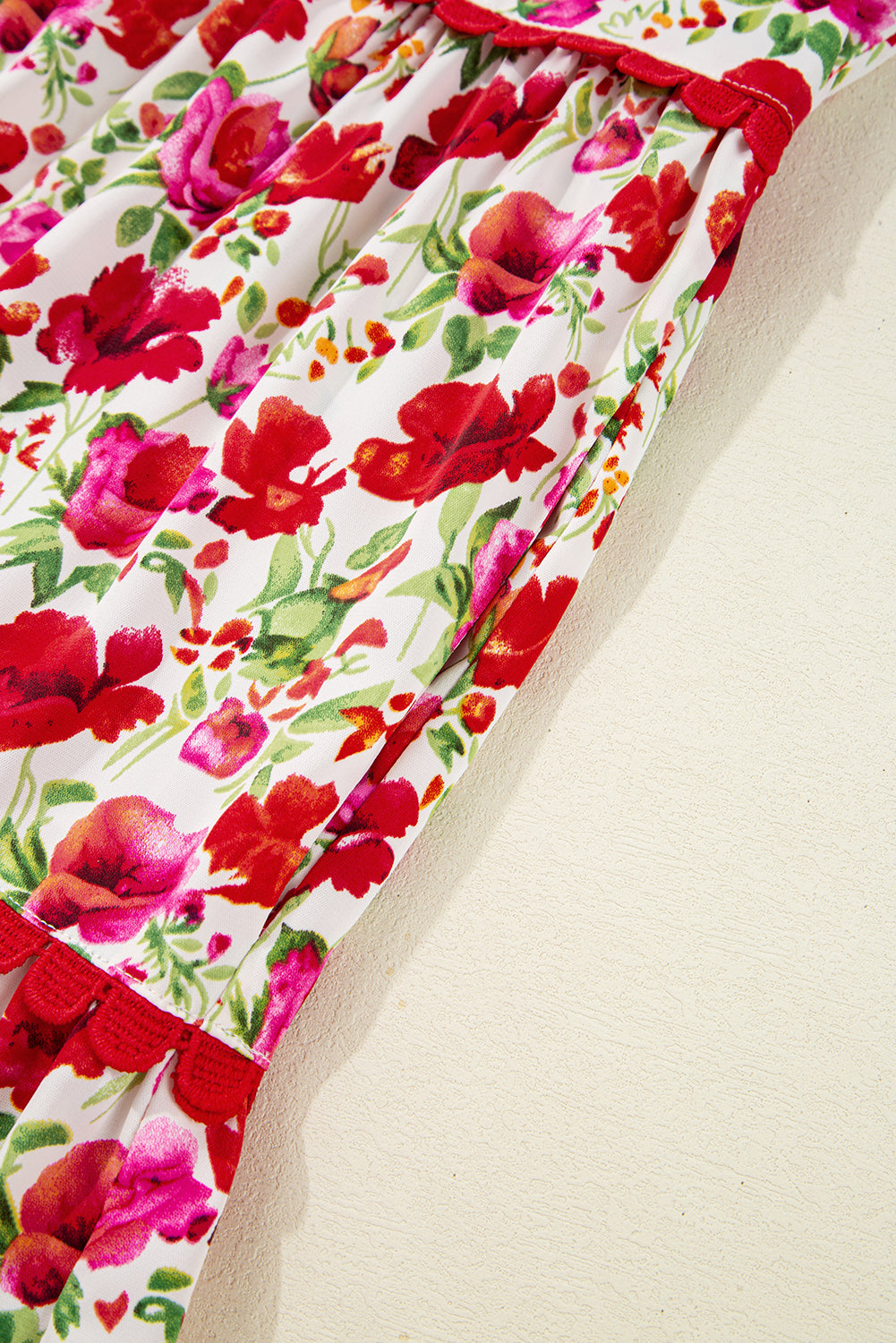 Red Floral Puff Sleeve Tiered Ric Rac Pocketed Mini Dress Floral Dresses JT's Designer Fashion