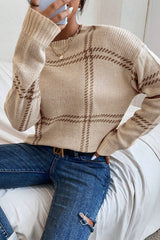 Khaki Plaid Pattern Knitted Drop Shoulder Sweater Sweaters JT's Designer Fashion