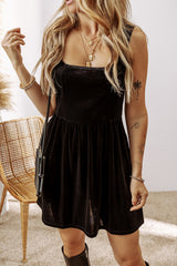 Black Velvet Square Neck Sleeveless High Waist Mini Dress with Pockets Mini Dresses JT's Designer Fashion