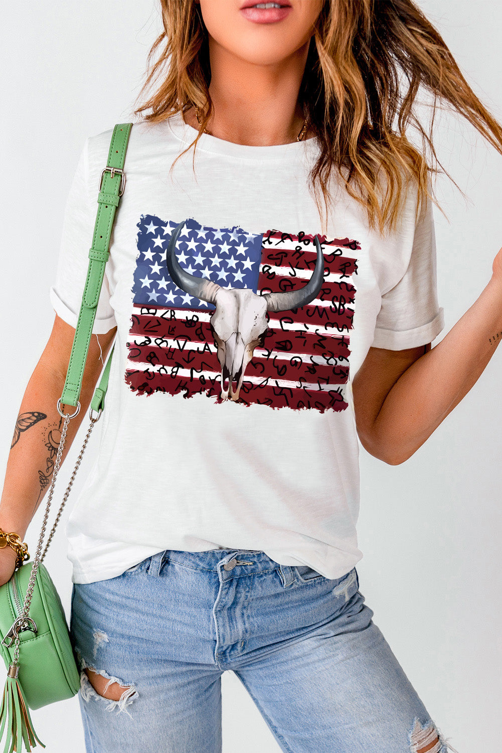 White Bull Skull American Flag Graphic Tee Graphic Tees JT's Designer Fashion