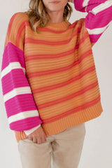 Orange Stripe Colorblock Crew Neck Drop Shoulder Loose Sweater Orange Stripe 55%Acrylic+45%Cotton Sweaters JT's Designer Fashion