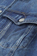 Blue Lapel Distressed Raw Hem Buttons Denim Jacket Denim Jackets JT's Designer Fashion